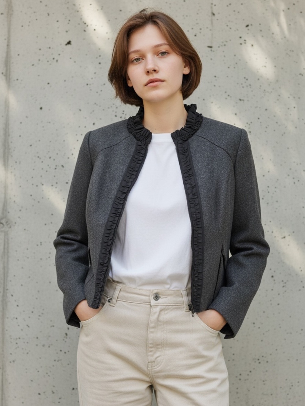 Magaschoni Dark Gray Ruffle-Front Blazer